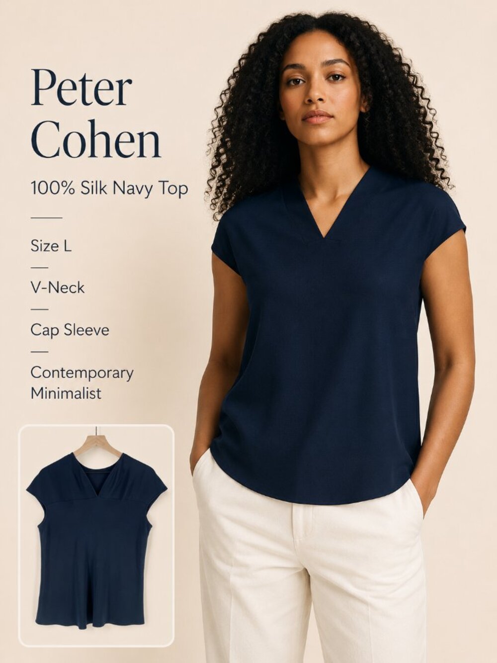 Peter Cohen 100% Silk‎ Navy V-Neck Cap Sleeve Top Contemporary Minimalist Size L